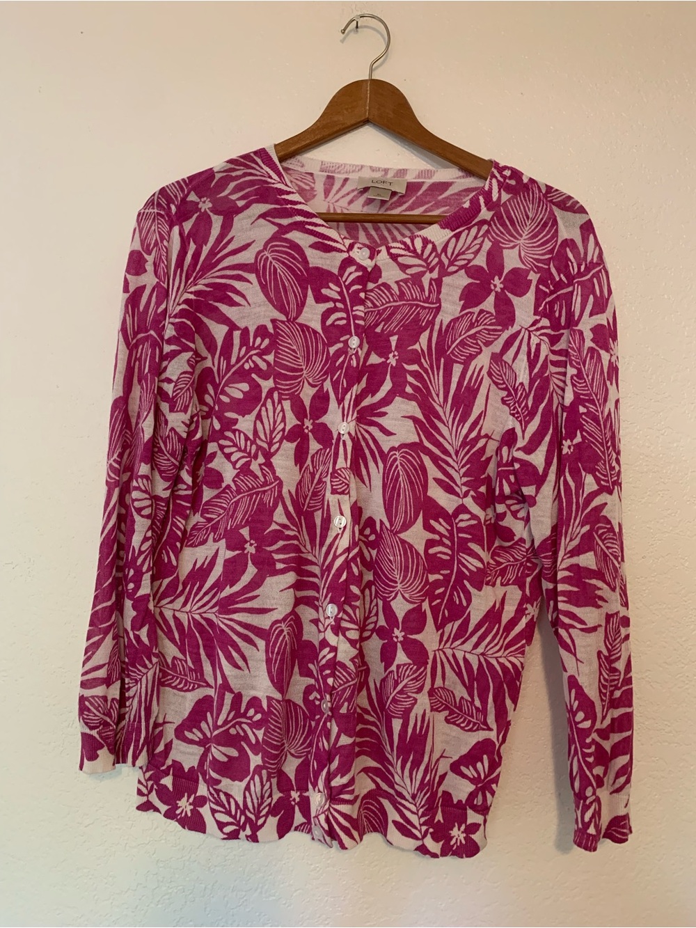 LOFT Pink Cream Floral Button-Down Knit Cardigan Ramie Rayon Blend XL
